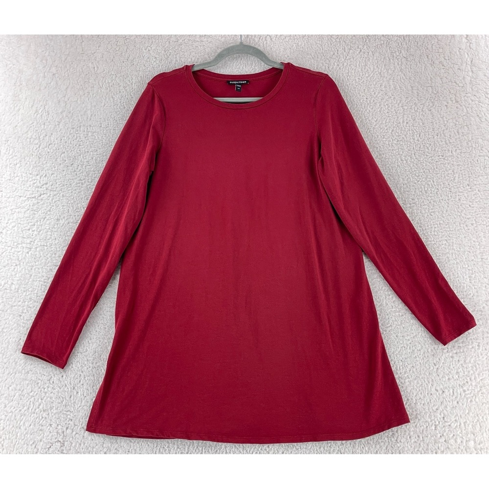 Eileen Fisher‎ Tunic Shirt Womens Small Red Long Sleeve Tencel Lyocell Stretch